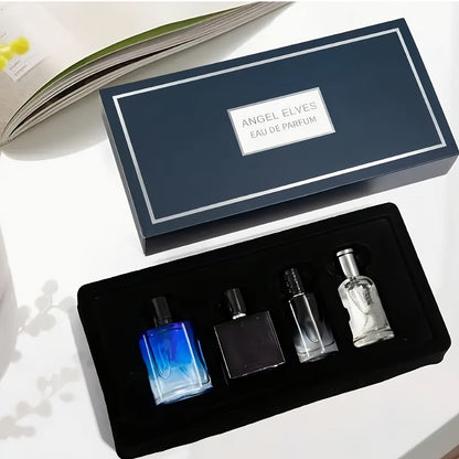 Four-Piece Boxed Fragrance Spray Set with Blue, Clear and Purple Gradient Bottle Presentation