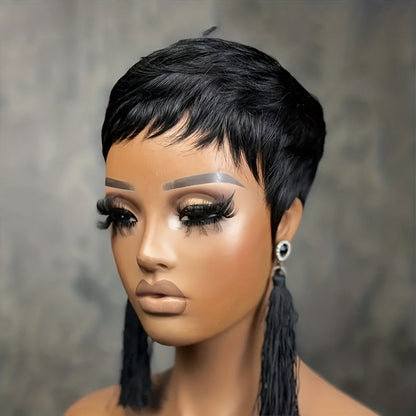 Pixie Cut Wig Human Hair Glueless 150% Density Short Straight Layered Bob Rose Net Cap | Wear and Go Natural Black Women Daily Special Occasions
