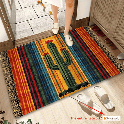 Mexican Cactus Flannel Area Rug Non-Slip Soft Absorbent Floor Mat for Indoor Entrance Kitchen Bathroom Bedroom Corridor Welcome Mat Colorful Stripes Boho Decor