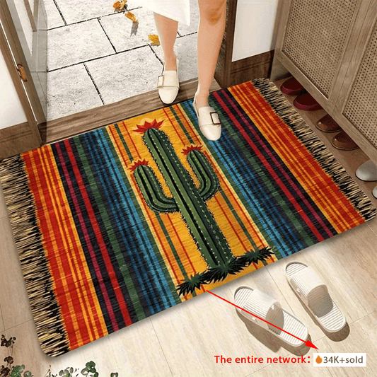 Area Rug Mexican Cactus Stripe Flannel Mat with Five Size and Set Choices for Kitchen or Entryway