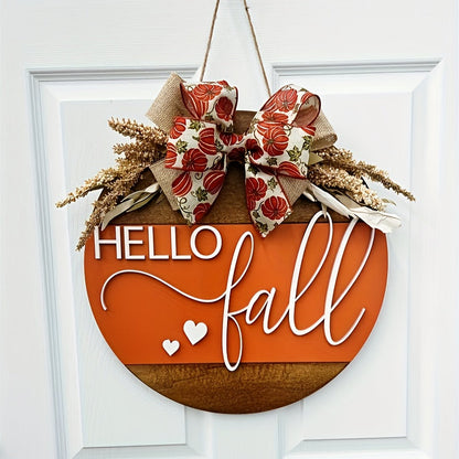 Hello Fall Pumpkin Door Hanger with Wheat Sprays, Layered Bow and 11.8-Inch Round Wood-Look Sign