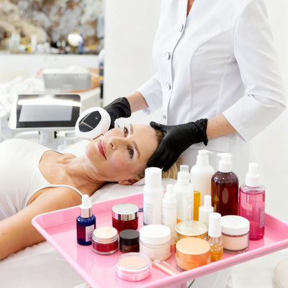 Adjustable Salon Tray Cart with 10 Disposable Covers and Gold or Pink Finish on Rolling Casters