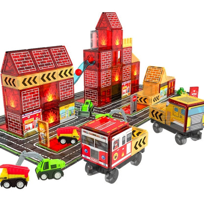 Magnetic Tiles 56-Piece Fire Station Building Set with Road Panels, Crane, Ramps and Vehicle Pieces