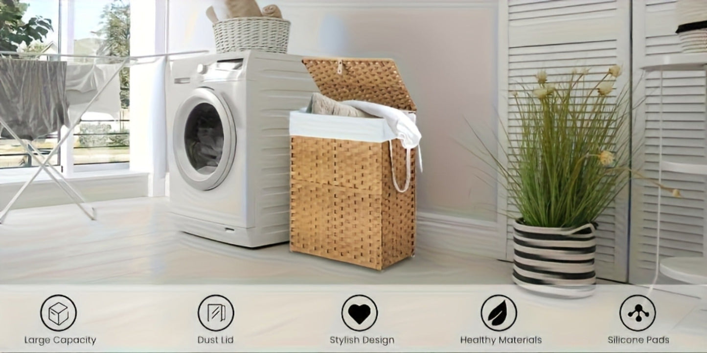Laundry Basket with Lid - Large Foldable Rattan Hamper with Removable Washable Liner, Sturdy Steel Frame, for Bathroom Bedroom, Goose Yellow or Dove Gray