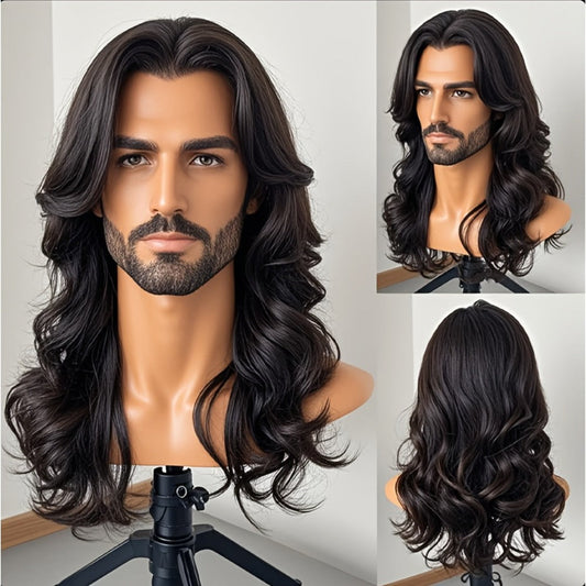 Men's Loose Curly Synthetic Wig Middle Part 26 Inch – Lightweight Breathable Heat Resistant Natural Look Wig for Men Daily Wear Cosplay Hair Loss Coverage Black Gray Golden Pink Blue