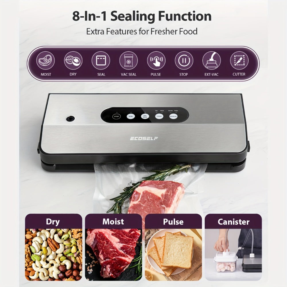 SJ2090 65KPa Vacuum Sealer with Dry, Moist, Pulse and Canister Modes, Cutter, Hose and 10 Bags