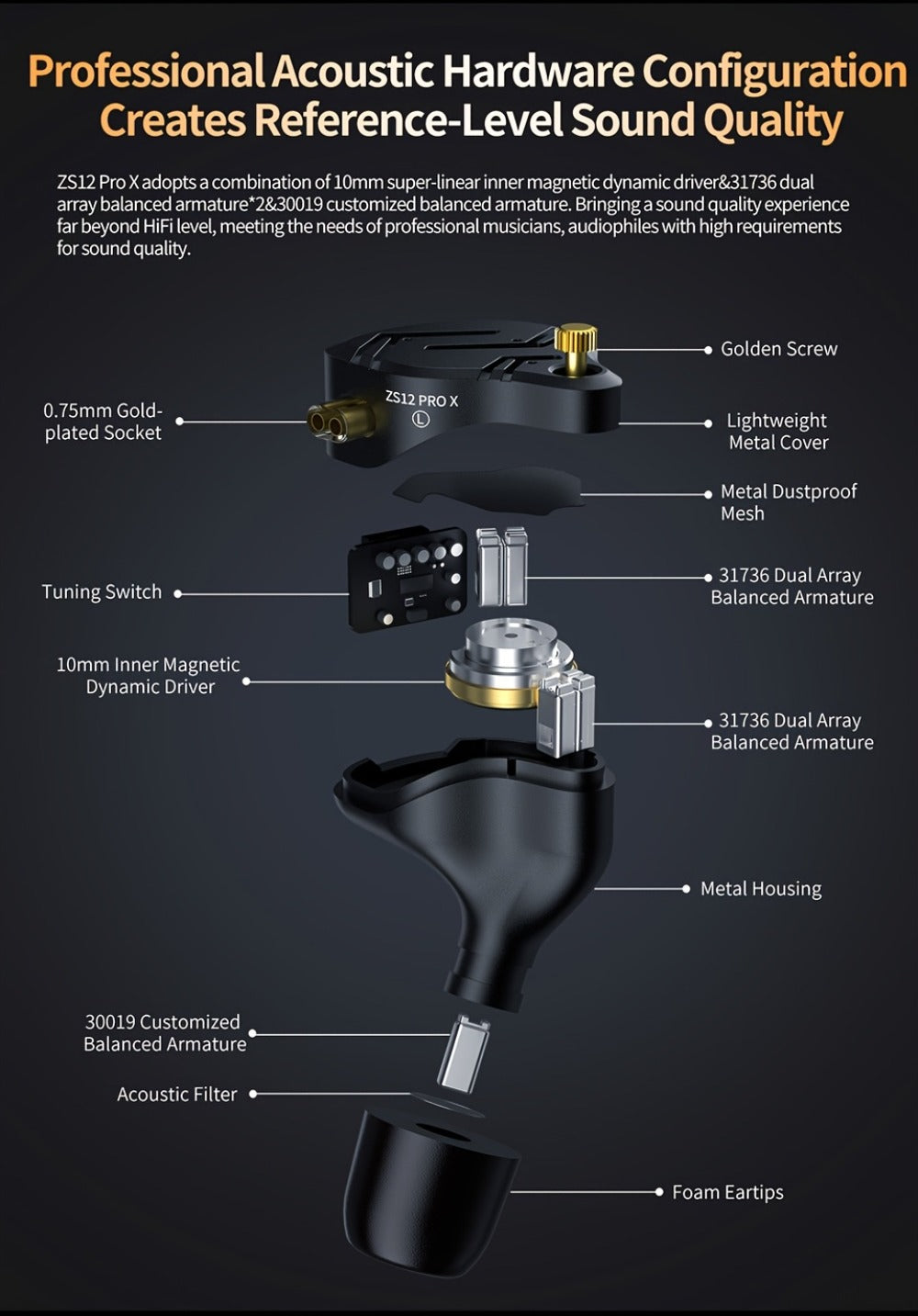 KZ ZS12 PRO X In-Ear Monitor Hybrid IEM Headphones Detachable Cable Noise Cancelling Dynamic Mic Sport Gaming DJ Audio Monitoring Music Production