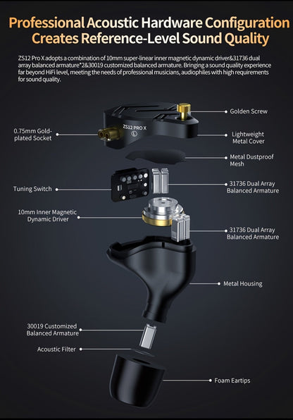 KZ ZS12 PRO X In-Ear Monitor Hybrid IEM Headphones Detachable Cable Noise Cancelling Dynamic Mic Sport Gaming DJ Audio Monitoring Music Production