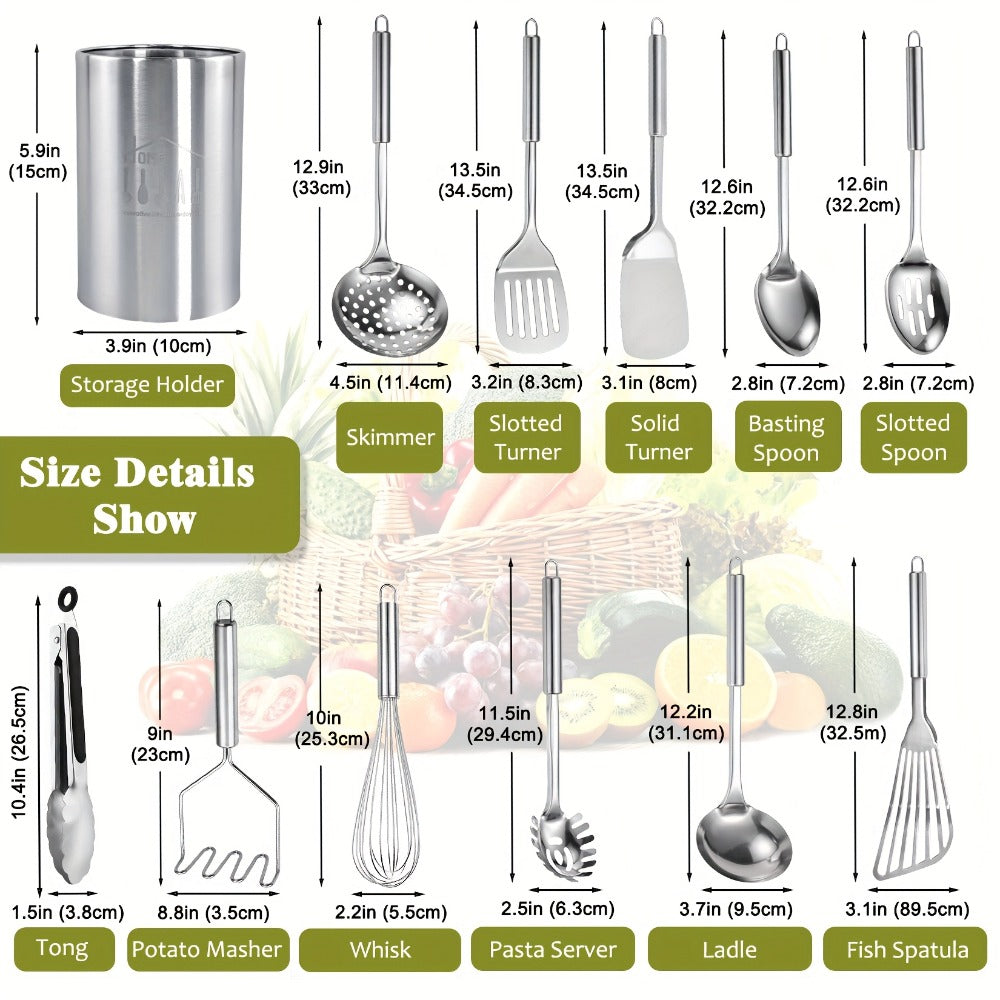 Stainless Steel Kitchen Utensils Set 12 Piece with Holder – Heat Resistant Cooking Utensils, Spatula, Ladle, Tongs, Whisk, Skimmer, Potato Masher, Slotted Spoon