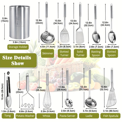 Stainless Steel Kitchen Utensils Set 12 Piece with Holder – Heat Resistant Cooking Utensils, Spatula, Ladle, Tongs, Whisk, Skimmer, Potato Masher, Slotted Spoon