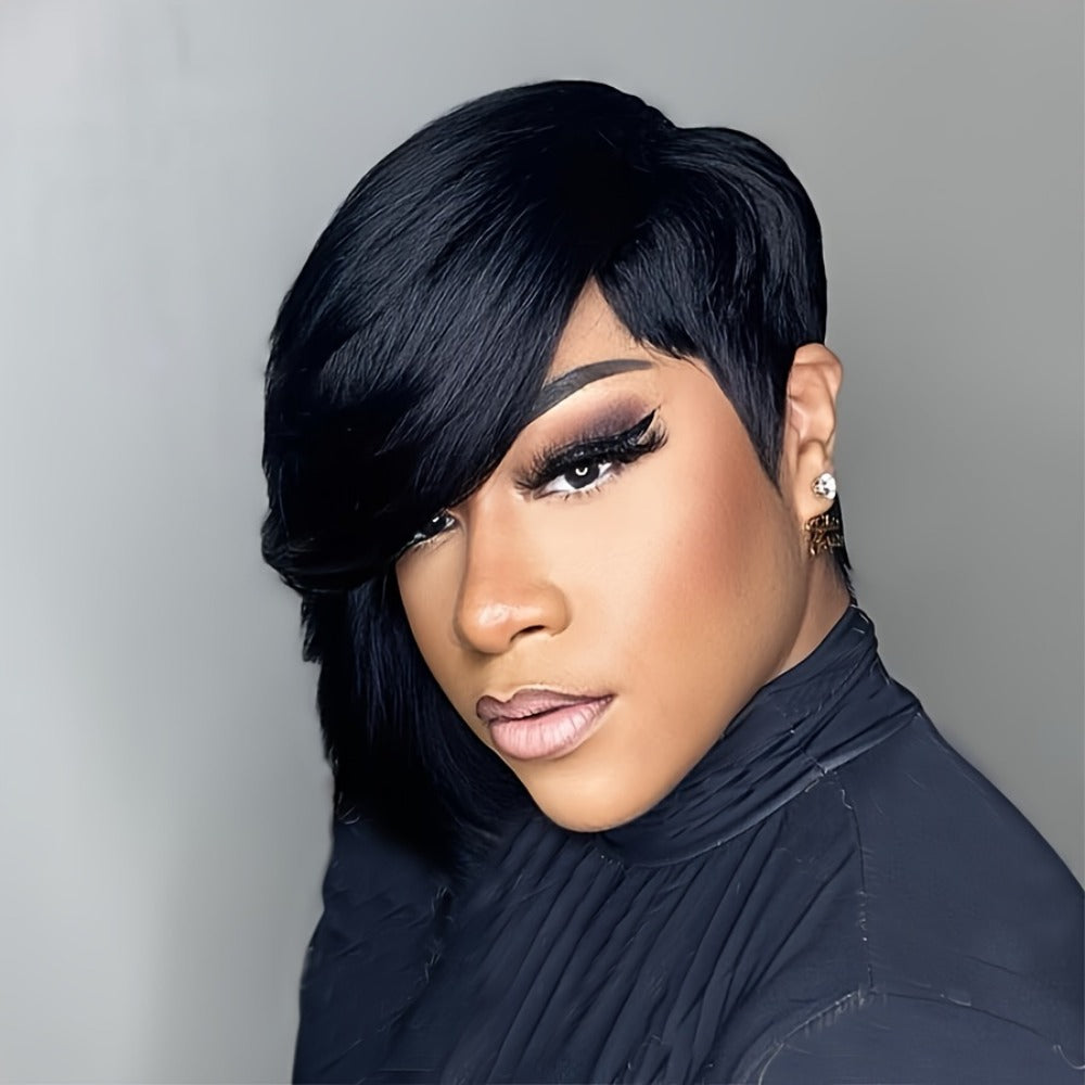 Layered Pixie Human Hair Wig with Side Bangs in #4 Brown, #99J Burgundy or #1 Black Color Options
