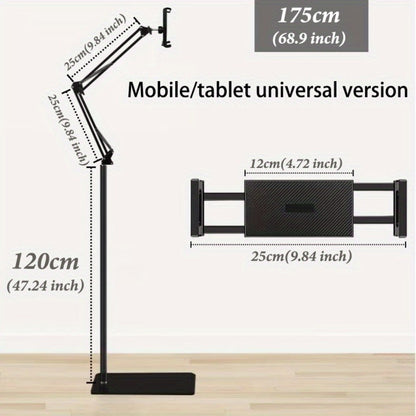 Floor-Standing Phone and Tablet Holder with Articulating Arm, Rotating Clamp and Exact 68.9-Inch Option