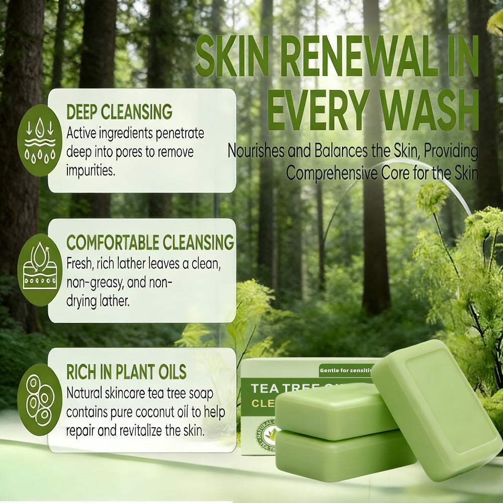 Tea Tree Bar Soap, Three-Pack of Green Plant-Essence-Labeled Bars for Face and Body Washing