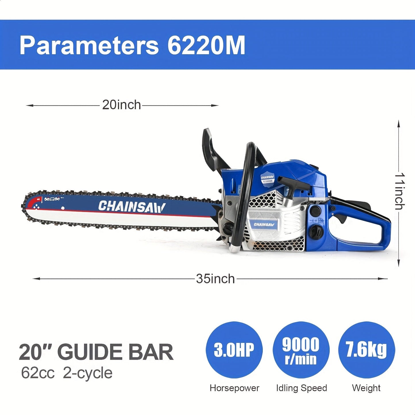 62CC 20-Inch Gas Chainsaw Kit in Five Colors with Bar Cover, Tool Pouch and Fuel Container