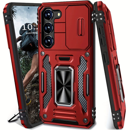 Samsung Galaxy Shockproof Magnetic Phone Case with 360° Rotating Ring Bracket & Sliding Lens Protector – Heavy Duty Cover for S24FE S23FE S22 S21FE Ultra A55 A54 A35 A34 A25 A24 A16 A15 A14 A06 A05 A05S 5G