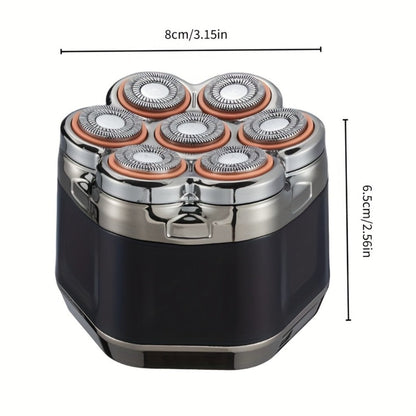 Black 7-Head Rotary Electric Head Shaver with Magnetic Blade Assembly, Digital Display and USB-C Cable