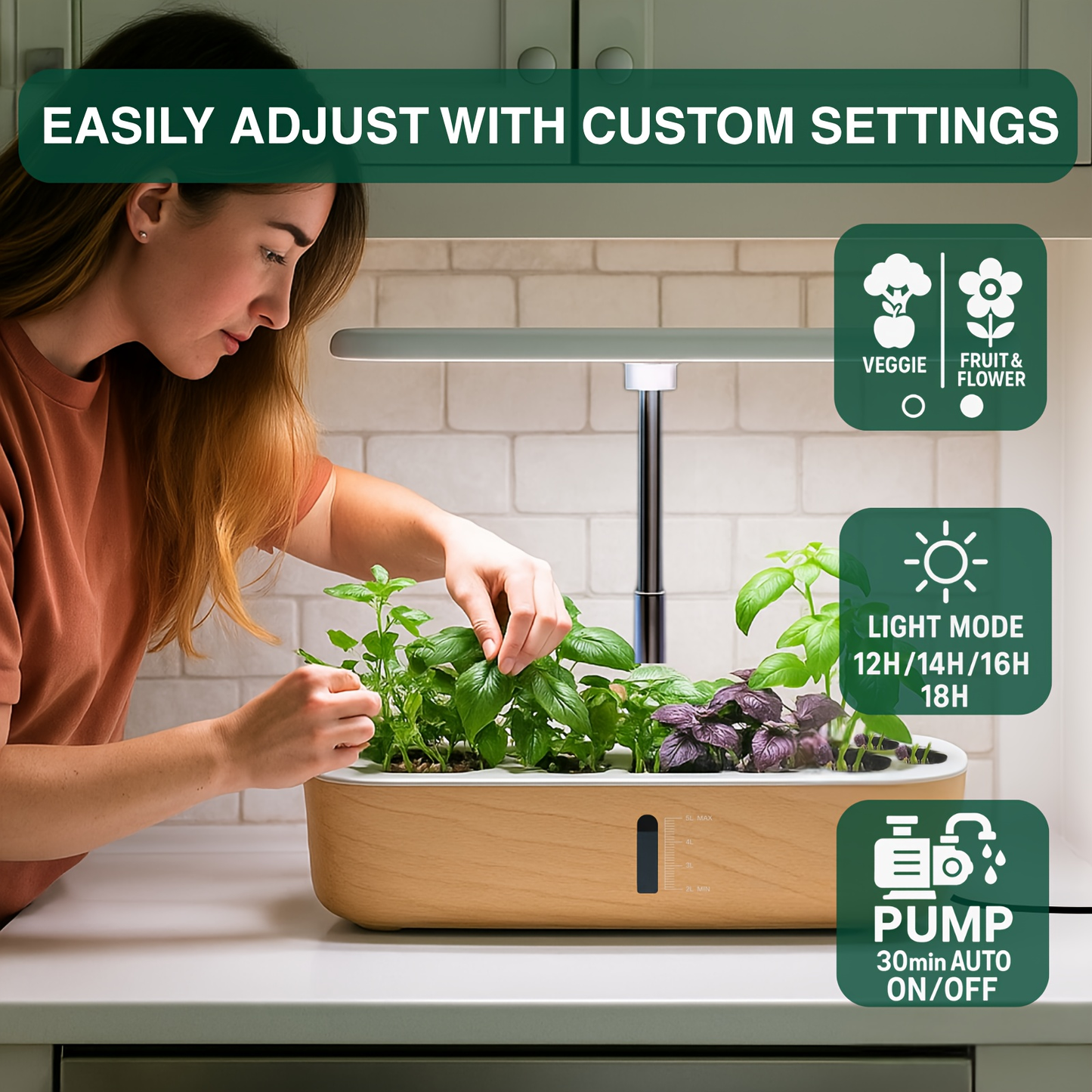 14-Pod Hydroponic Garden Kit with LED Grow Light, Timer, Pump and 1.32 Gallon Tank in Two Finishes