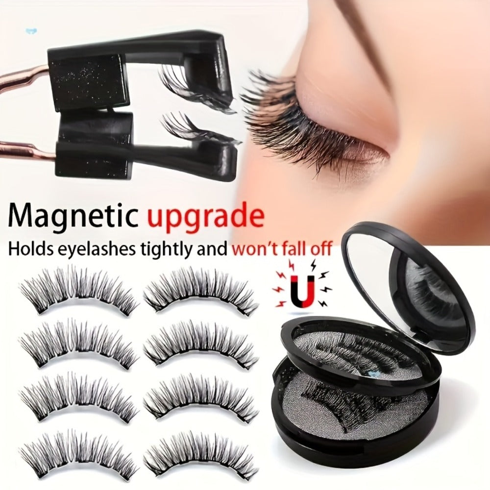 Magnetic False Eyelashes Kit with Eight Pairs, Round Storage Case and Metal Applicator Clip