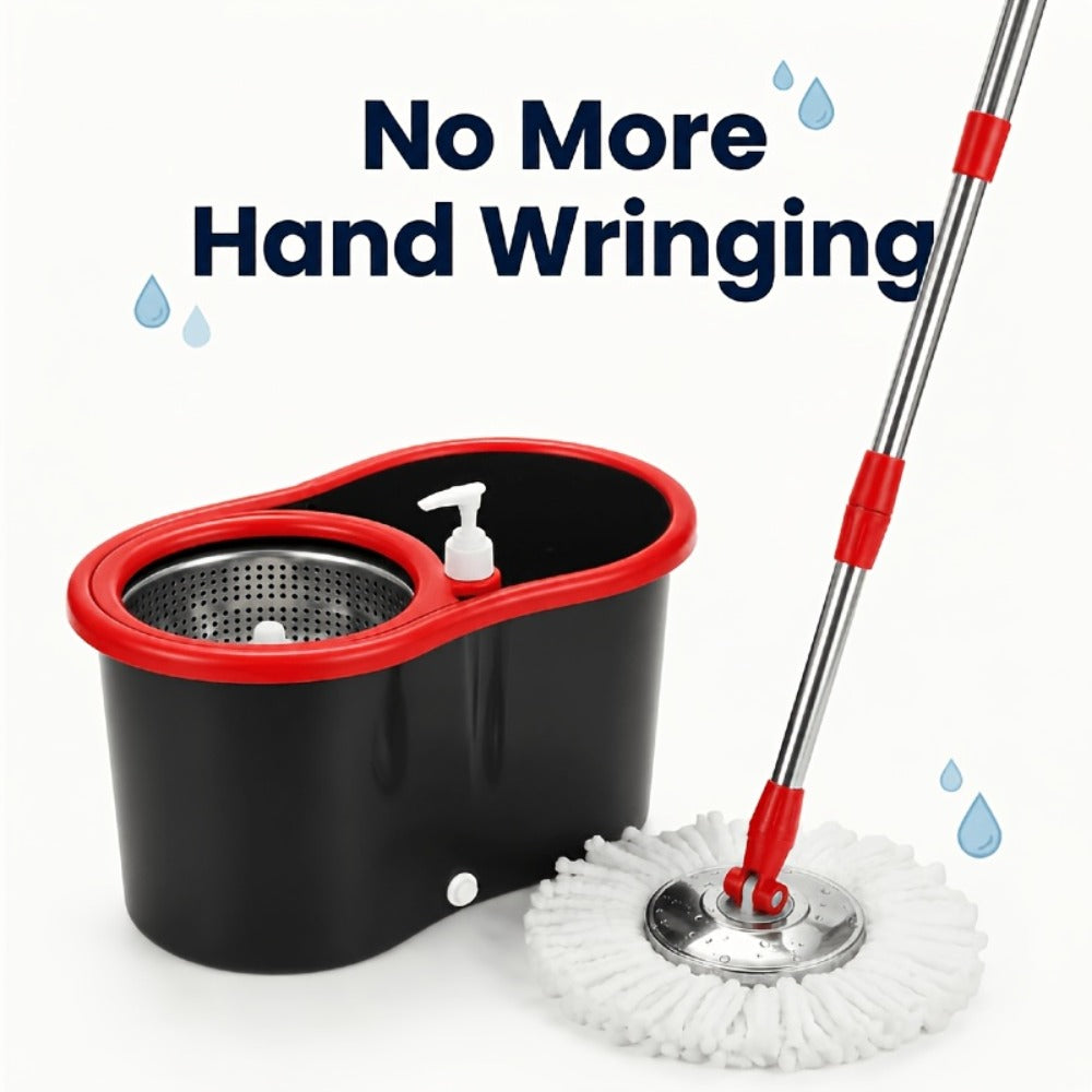 Spin Mop and Dual-Compartment Wringer Bucket Set with Telescoping Handle and Four Mop Heads