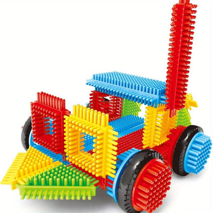 Building Block Set Bristle Construction Pieces, 150-Piece Colorful Interlocking Shapes with Storage Tub