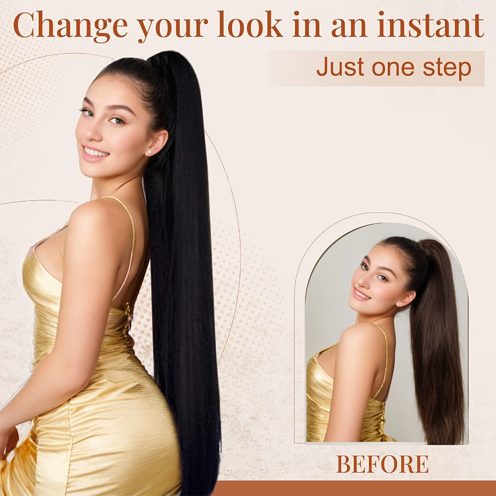 34 Inch Straight Ponytail Extension Ribbon Wrap – Long Sleek High Temperature Fiber Hairpiece for Women | Instant Wrap On Ponytail | Daily Wear Party Wedding | Brown Linen Champagne Olive Mixed