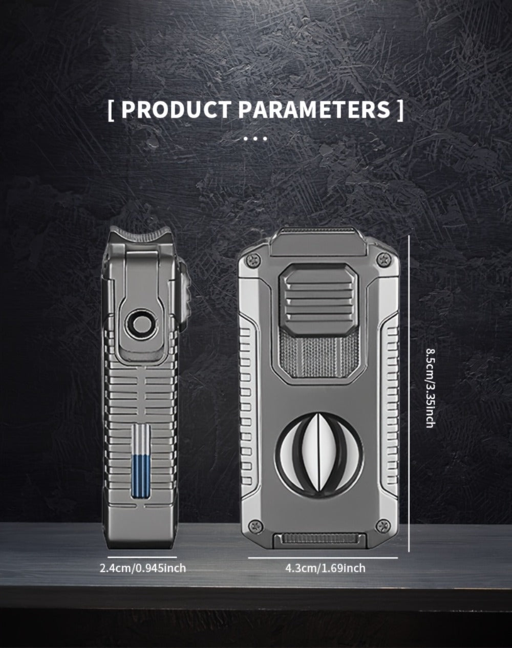 Three-Jet Refillable Butane Lighter with Fuel Window, Cigar Cutter, Punch and Needle Tools