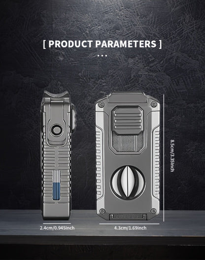 Three-Jet Refillable Butane Lighter with Fuel Window, Cigar Cutter, Punch and Needle Tools