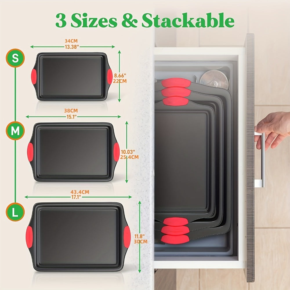 Three-Pan Gray Baking Sheet Set or Nine-Piece Kit with Six Utensils and Red Silicone Grips