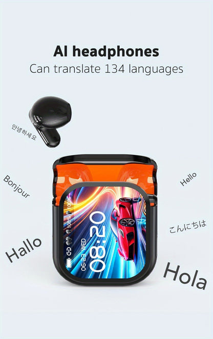 AI Translation Earphones Real-Time 134 Languages TWS Wireless Bluetooth Earbuds HTC NE20 HD Screen Touch Control High Fidelity Sound Long Battery Life for Travel Business Daily Wear