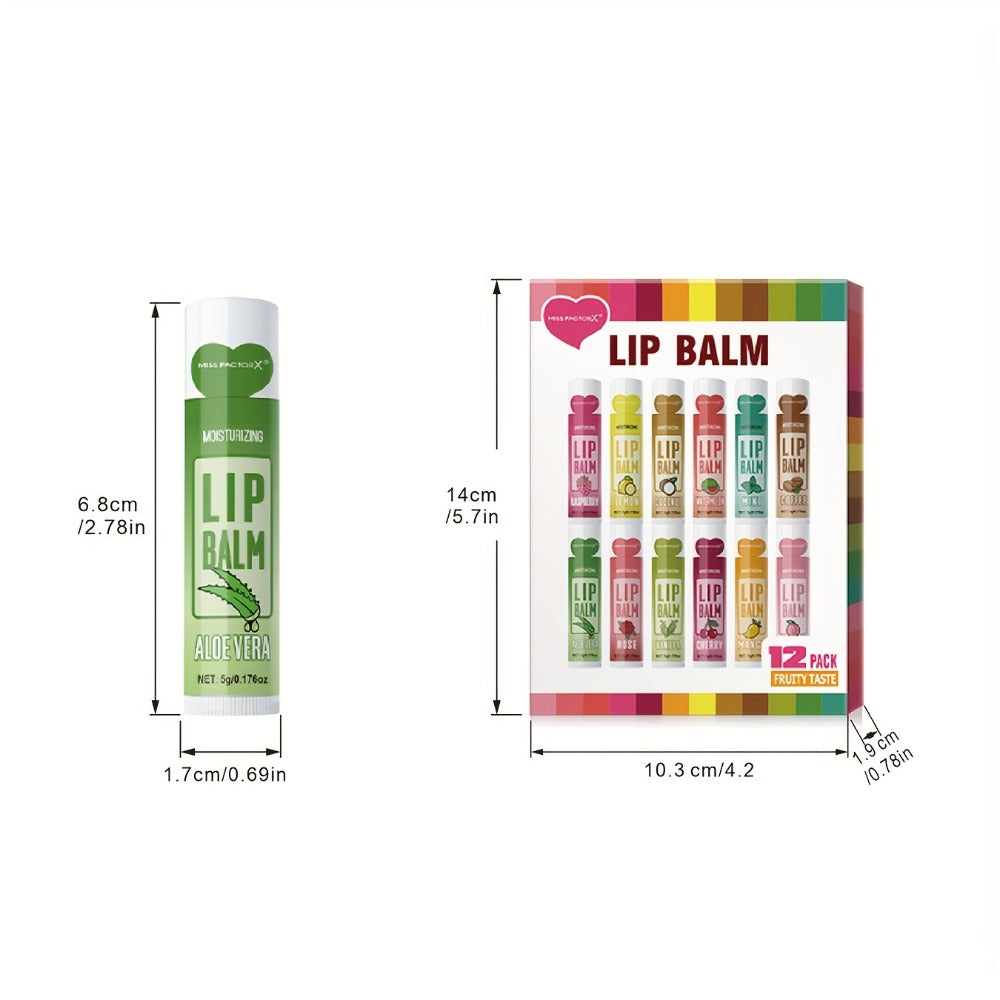 12-Piece Tube Lip Balm Set with 12 Pictured Fruit and Botanical Flavor Labels in a Display Box