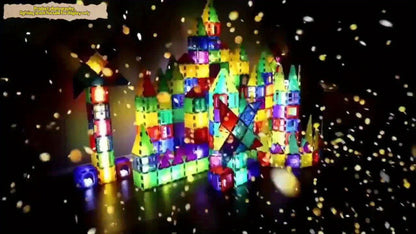 Magnetic Tiles 120-Piece Translucent Castle Building Set with Two Rolling Car Bases and Multicolor Shapes