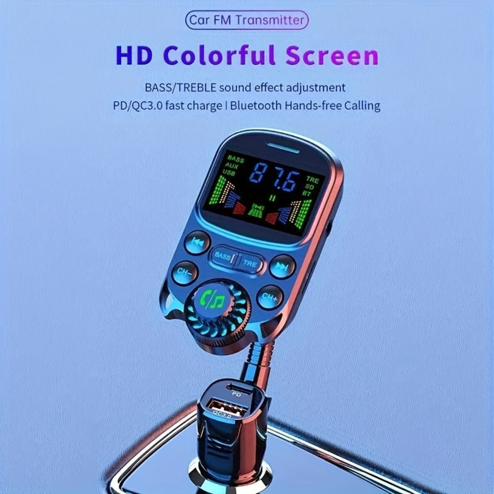 Flexible-Neck Car FM Transmitter with Color Display, USB-C and USB-A Ports, AUX Input and Call Controls