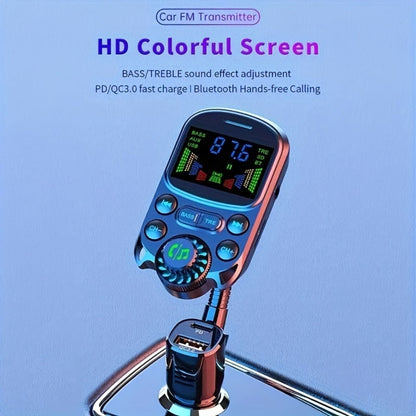 Flexible-Neck Car FM Transmitter with Color Display, USB-C and USB-A Ports, AUX Input and Call Controls