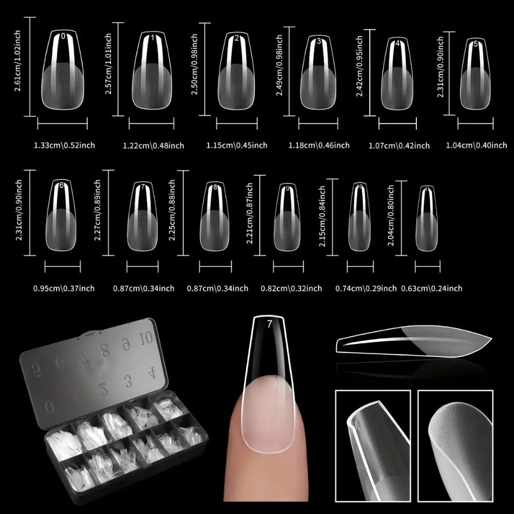 Clear Full-Cover Nail Tips, 600-Piece Set in Nine Almond, Oval, Stiletto, Coffin and Square Length Options