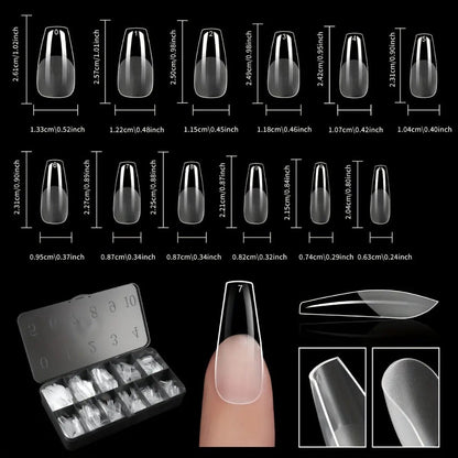 Clear Full-Cover Nail Tips, 600-Piece Set in Nine Almond, Oval, Stiletto, Coffin and Square Length Options