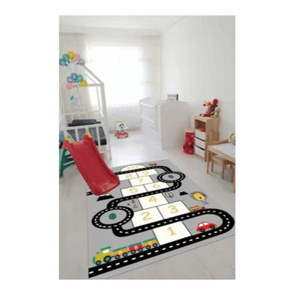 Area Rug 4x6 Kids Race Track, Hopscotch and Train Play Design with Washable Digital Print Surface