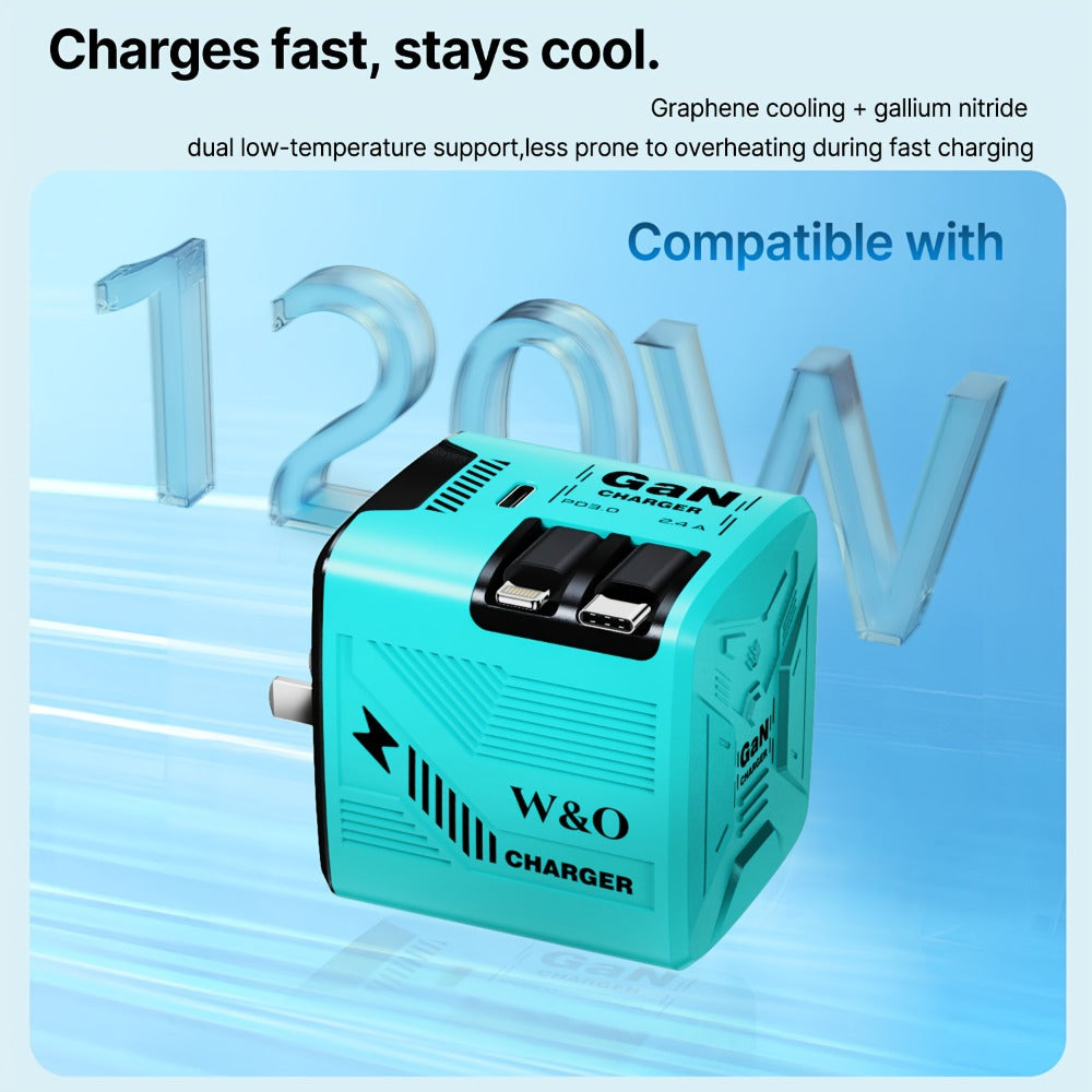 GaN Charger 120W with Lightning & Type-C Retractable Cables 47in, Foldable Plug USB-C Wall Adapter