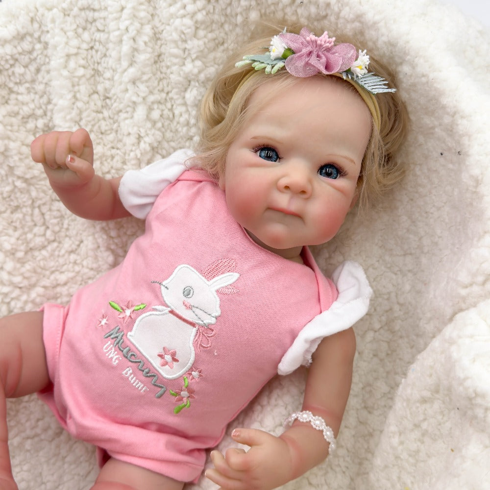 Reborn Baby Doll 16-Inch Cloth Body with Rooted Blonde Hair, Open Eyes, Pink Romper and Pacifier Set