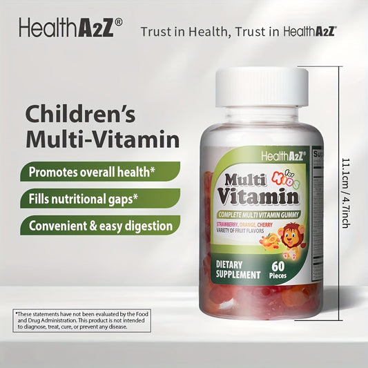 Kids Multivitamin Gummies 60ct with D3, Vitamins A, C, E, B6, B12, Folic Acid, Zinc & Choline for Brain, Eye, Bone & Immune Support, Appetite Boost & Healthy Growth for Children