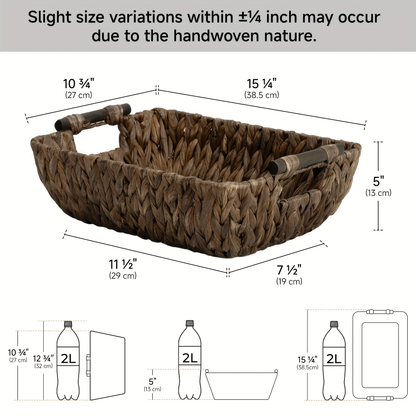 Water Hyacinth Woven Storage Baskets 2-Pack with Wooden Handles in Natural Seagrass Options