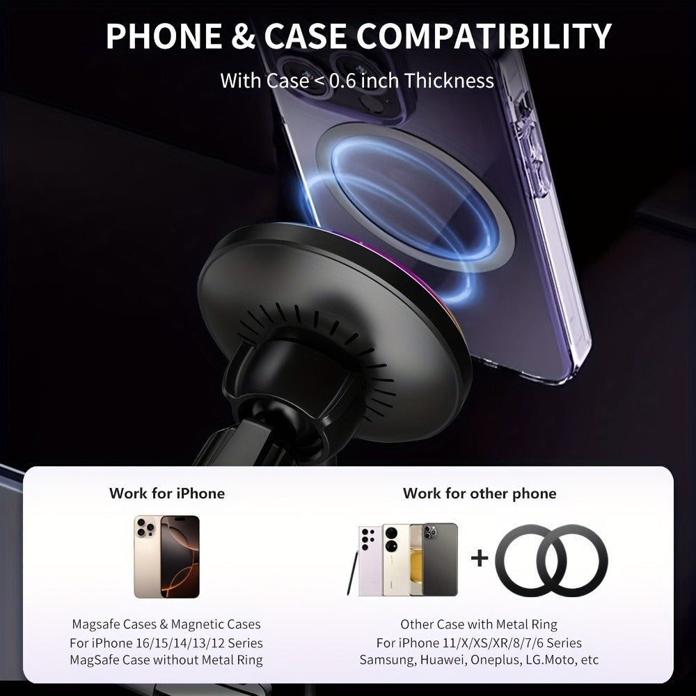 Wireless Car Charger with USB-C Adapter Included 15W Magnetic Vent Dashboard Phone Mount for iPhone 17 16 15 14 13 12 Pro Max, Samsung Galaxy S24 S23 S22, All Qi Android Phones – Black