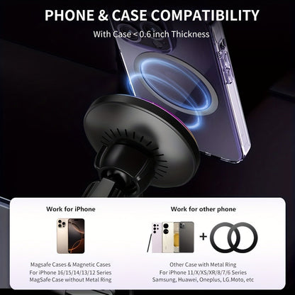 Wireless Car Charger with USB-C Adapter Included 15W Magnetic Vent Dashboard Phone Mount for iPhone 17 16 15 14 13 12 Pro Max, Samsung Galaxy S24 S23 S22, All Qi Android Phones – Black