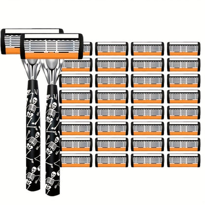 Safety Razor for Men 7-Layer Progressive Blades — Non-Slip Stainless Steel Handle Classic Double Edge Razor for Beard & Mustache Grooming, 1 or 2 Handle + 15–36 Blade Pack Options