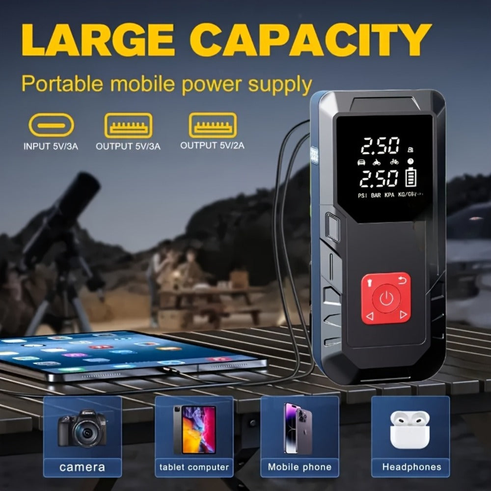 Portable Car Jump Starter 10000A – 9-in-1 Battery Booster with 350PSI Tire Inflator, LED Light, USB-C Fast Charging, Power Bank for 12V Gas & Diesel Vehicles, Emergency Car Tool