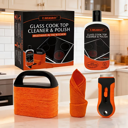 Glass Stove and Cooktop Cleaner Kit with 12 oz Cleaner, Scraper, Scrubbing Pad, Handle and Cloth, Nine Pieces
