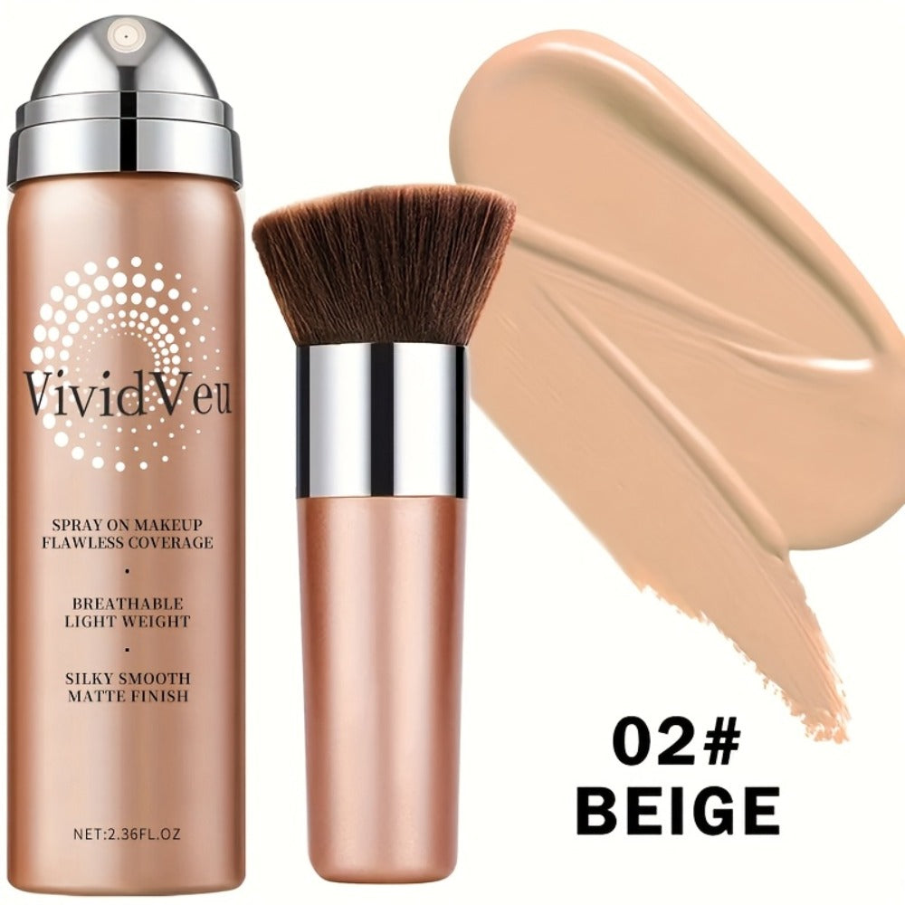 Spray-On Liquid Foundation Bottle with Matching Face Brush in Four Shades from Natural to Porcelain