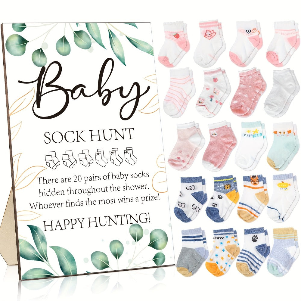 Baby Shower Sock Hunt Party Supplies Game with 20 Pairs of Socks, Wooden Sign and Five Themes