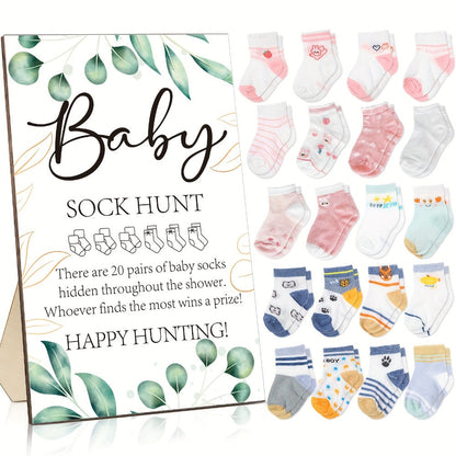 Baby Shower Sock Hunt Party Supplies Game with 20 Pairs of Socks, Wooden Sign and Five Themes