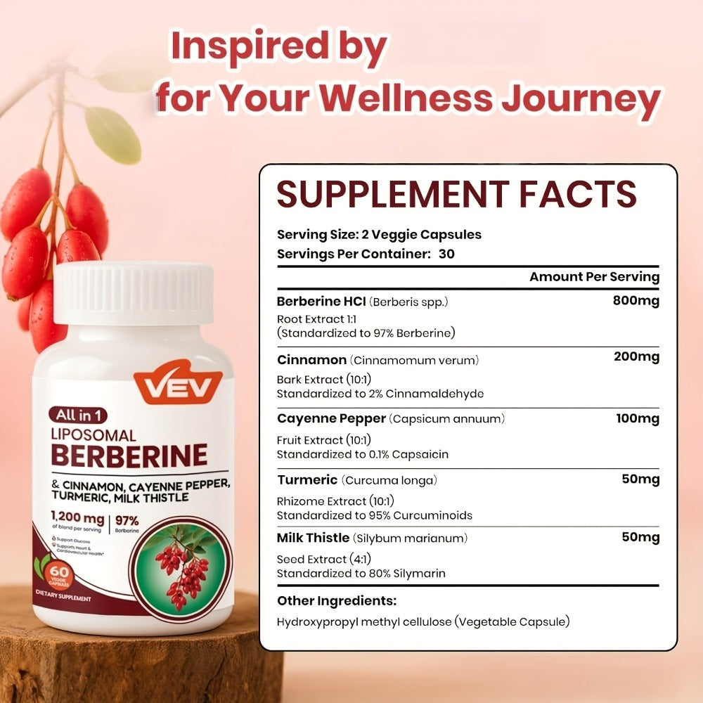 Dietary Supplement Berberine Capsules with Ceylon Cinnamon, Cayenne, Turmeric and Milk Thistle Blend