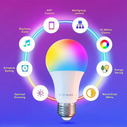 A19 E26 Wi-Fi Smart Light Bulbs with RGB Color and White Modes in Two-, Four- or Six-Bulb Packs